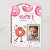 Roze Donut Baby Strooien Aangepaste Uitnodiging. Kaart (Voorkant / Achterkant)