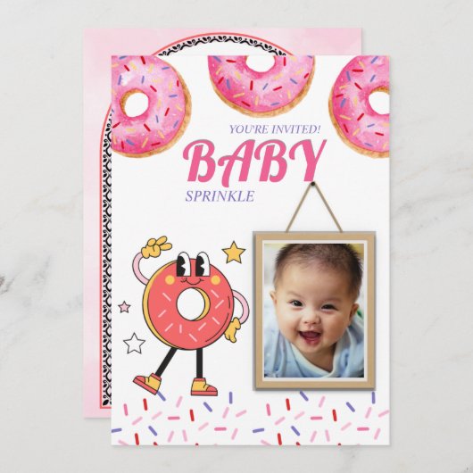 Roze Donut Baby Strooing Aanpasbare Uitnodiging. Kaart (Voorkant / Achterkant)