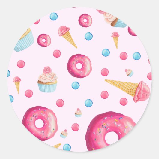 Roze donut collage ronde sticker (Voorkant)