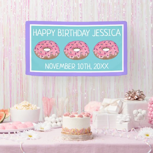 Roze donut donut verjaardagsfeestje ontbijt spandoek (Feest)