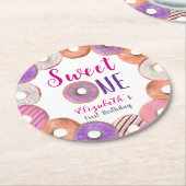 Roze Donut Sweet One First Birthday Custom Ronde Kartonnen Onderzetter (Gebogen)