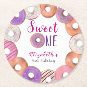Roze Donut Sweet One First Birthday Custom Ronde Kartonnen Onderzetter