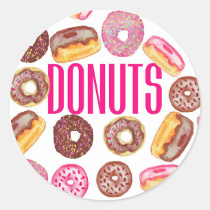 Roze Donut Typografie en Waterverf Leuke Donuts Ronde Sticker