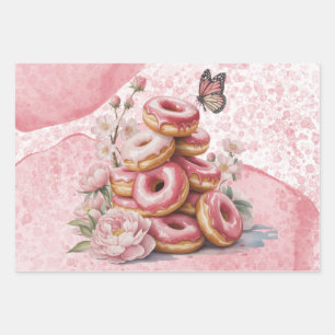 Roze Donuts & Bloem Butterfly Meisje Baby Shower Inpakpapier Vel