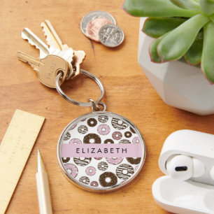 Roze Donuts, Bruine Donuts, Sprinkles, Jouw naam Sleutelhanger