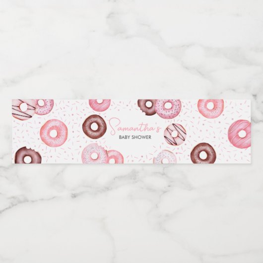 Roze Donuts en Luiers Baby shower Waterfles Etiket (Enkel label)