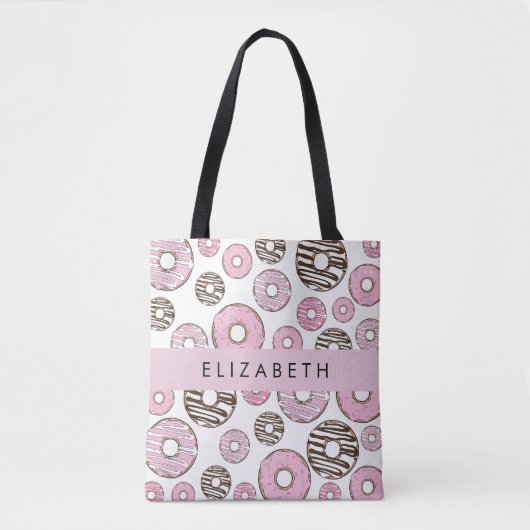Roze Donuts, Witte Donuts, Sprinkles, Jouw naam Draagtas (Voorkant)