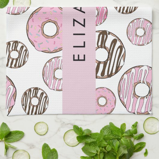 Roze Donuts, Witte Donuts, Sprinkles, Jouw naam Theedoek (Gevouwen)