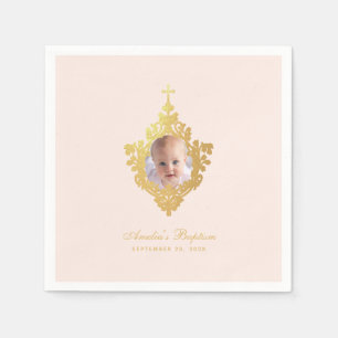 Roze Doop Meisje Foto Nep Gouden Kruis Vintage Servet
