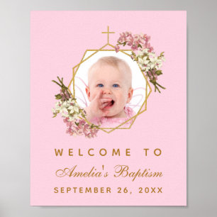 Roze Doop Meisje Foto Orchideeën Gouden Welkom Bor Poster