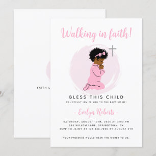 Roze Doop Uitnodiging – Biddend Zwart Baby Meisje