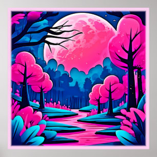 Roze door de maan verlicht bos kunst poster