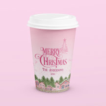 Roze Dorp Vrolijk Kerstfeest Papier Cup