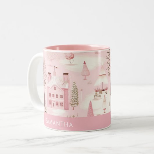 Roze Dorp Winter Kerstmis Mok (Voorkant links)