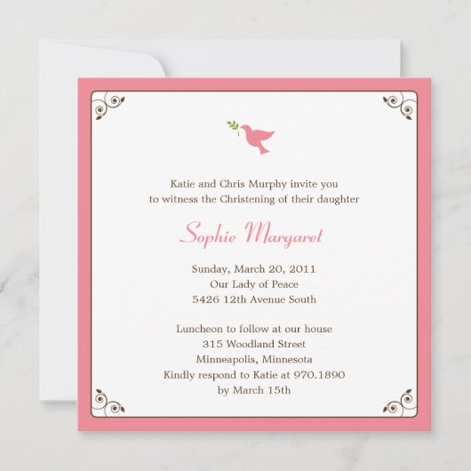 Roze dove baptism/Christening uitnodiging (Voorkant)