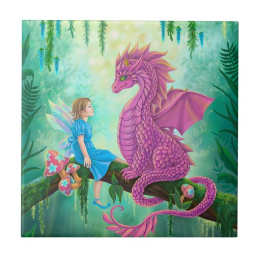 Roze draak en fee tegeltje (Voorkant)