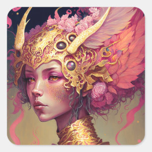 Roze dragon Woman Fantasy Art Vierkante Sticker