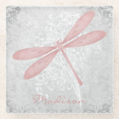 Roze Dragonfly Aangepast Onderzetter van glas Glazen Onderzetter (Voorkant)