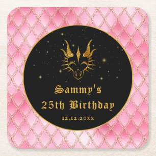 Roze drakenschalen Gold Faux Glitter Birthday Vierkante Kartonnen Onderzetter