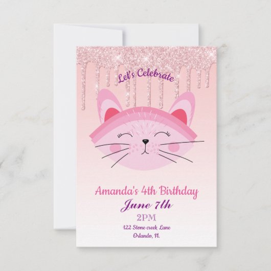 Roze Drip Glitter Kitten Uitnodiging (Voorkant)