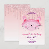 Roze Drip Glitter Kitten Uitnodiging (Voorkant / Achterkant)