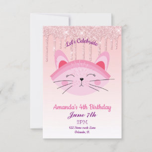 Roze Drip Glitter Kitten Uitnodiging