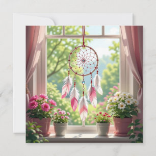 Roze dromenvanger en planten raam feestdagenkaart