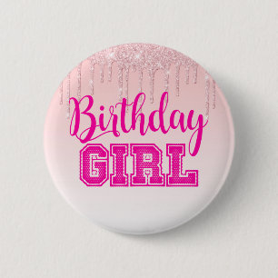 Roze druppelaar/BIRTHDAY MEISJE Ronde Button 5,7 Cm