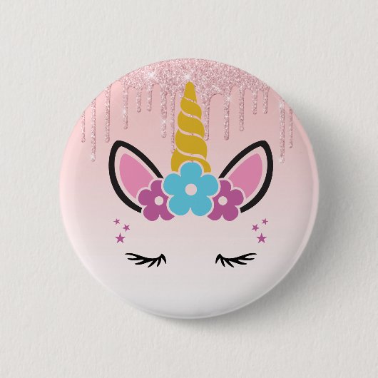 Roze druppelaar Glitter Floral Unicorn Ronde Button 5,7 Cm (Voorkant)