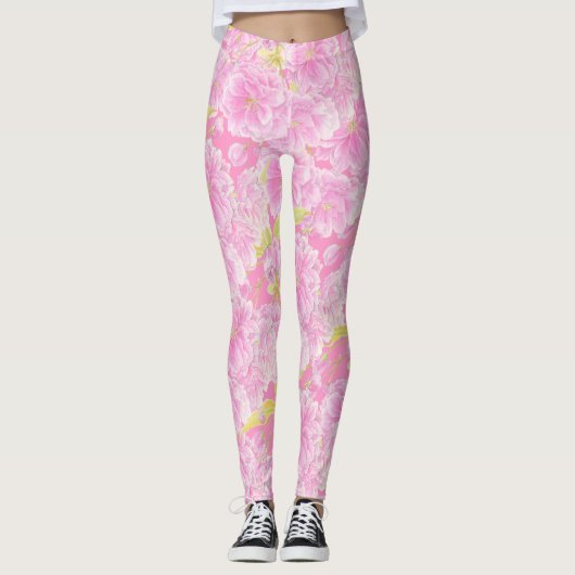Roze dubbele bloesem bloem leggings (Voorkant)