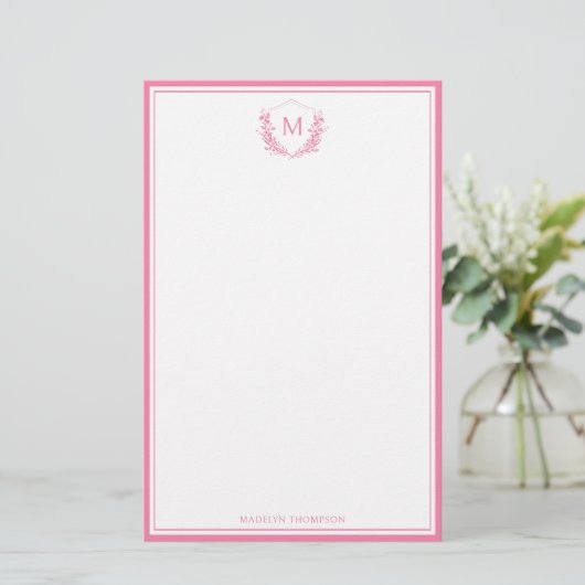 Roze Dubbele Rand Bloemkam Classic Monogram Briefpapier (Staand voorkant)