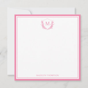 Roze Dubbele Rand Bloemkam Monogram Vierkant Notitiekaartje