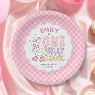 Roze Eén Dwaas Ganz - Retro Meisje Eerste Verjaard Papieren Bordje