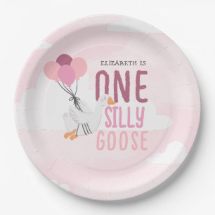 Roze Een Gekke Gans 1e Verjaardag Papieren Bordje