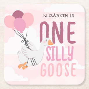 Roze Een Gekke Gans 1e Verjaardag Vierkante Kartonnen Onderzetter