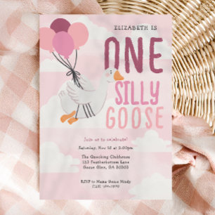 Roze Een Gekke Gans Whimsical 1e Verjaardag Party Kaart