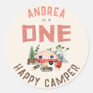 Roze één gelukkige Camper Woodland meisjes 1e verj Ronde Sticker