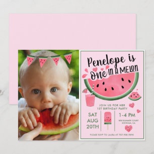 Roze een op een Melon Foto Girl's eerste verjaarda Kaart