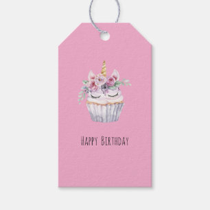 Roze Eenhoorn Bloemige Cupcake Verjaardag Cadeaulabel