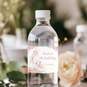 Roze Eenhoorn Bloemige Verjaardag Waterfles Label Etiket