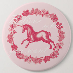 Roze eenhoorn en bloemen ronde button 6,0 cm