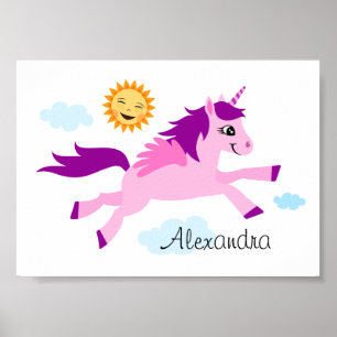 Roze eenhoorn en gelukkige zon, wanddecoratie voor poster