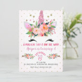 Roze Eenhoorn Gezicht Bloemen Verjaardag Uitnodigi Kaart (Staand voorkant)