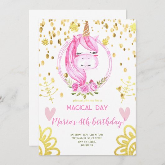 Roze Eenhoorn gezicht Gouden Confetti Meisje Verja Kaart (Voorkant / Achterkant)