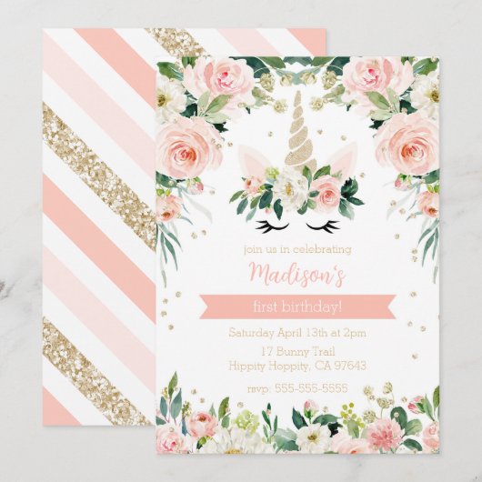 Roze Eenhoorn Girly Verjaardag Kaart (Voorkant / Achterkant)