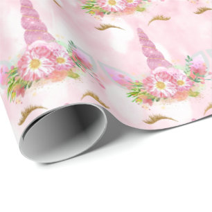 Roze Eenhoorn Glitter Bloemen Goud Mint Zoet 16e Cadeaupapier