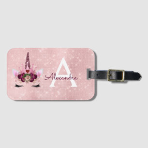 Roze Eenhoorn Glitter Prinses Monogram Naam Bagagelabel