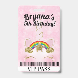 Roze Eenhoorn Gouden Glitter Verjaardagsfeest VIP Badge