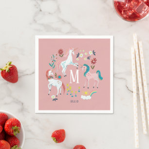 Roze Eenhoorn Monogram Meisjes Verjaardagsfeestje Servet
