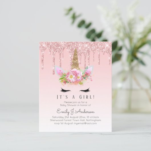 Roze Eenhoorn Roze Goud Druppelende Glitters Baby (Staand voorkant)